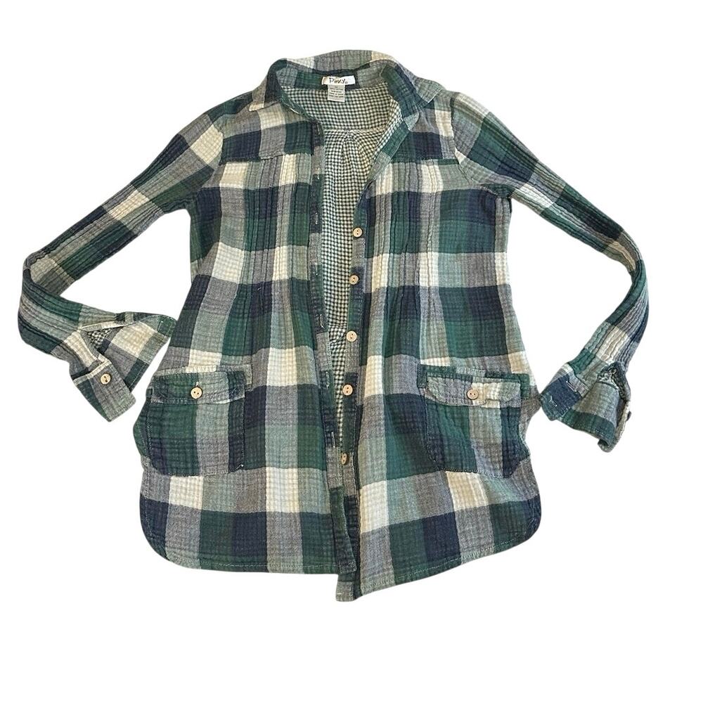 Pinky Plaid Crinkle Cotton Tunic Shirt Mori Kei Button Front Green Blue Medium